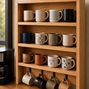 May include: A wooden wall-mounted shelf featuring three horizontal tiers holding twelve assorted ceramic mugs in various colors and patterns, including solid, striped, and floral designs. Four additional mugs hang from black hooks on the bottom.
