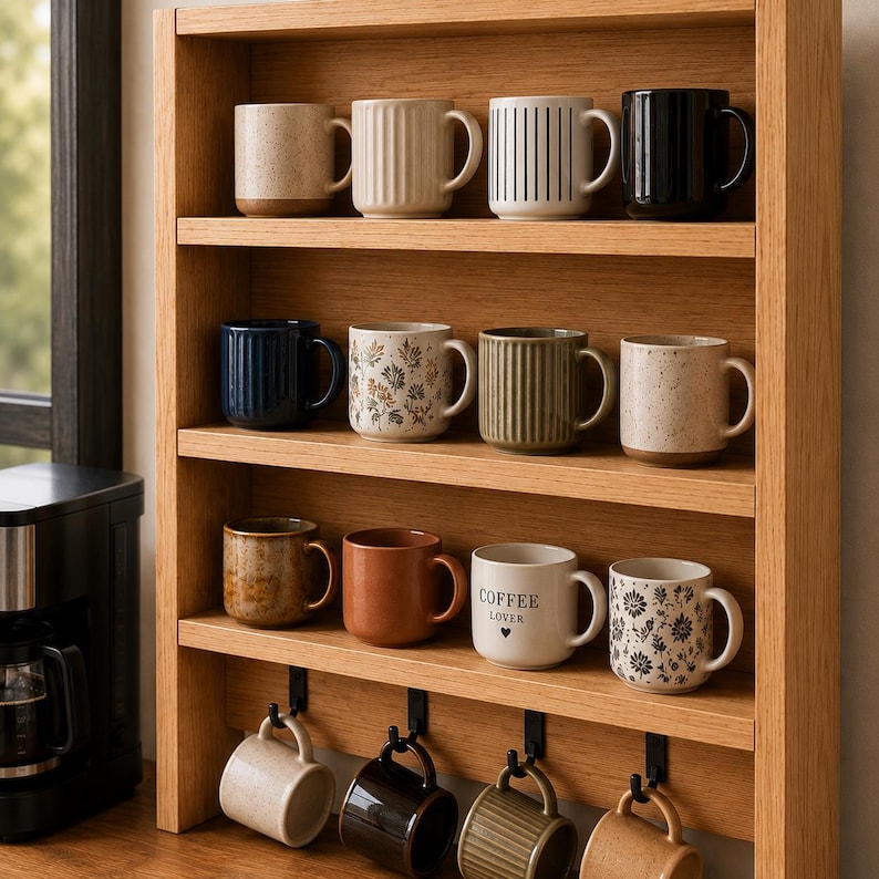 May include: A wooden wall-mounted shelf featuring three horizontal tiers holding twelve assorted ceramic mugs in various colors and patterns, including solid, striped, and floral designs. Four additional mugs hang from black hooks on the bottom.