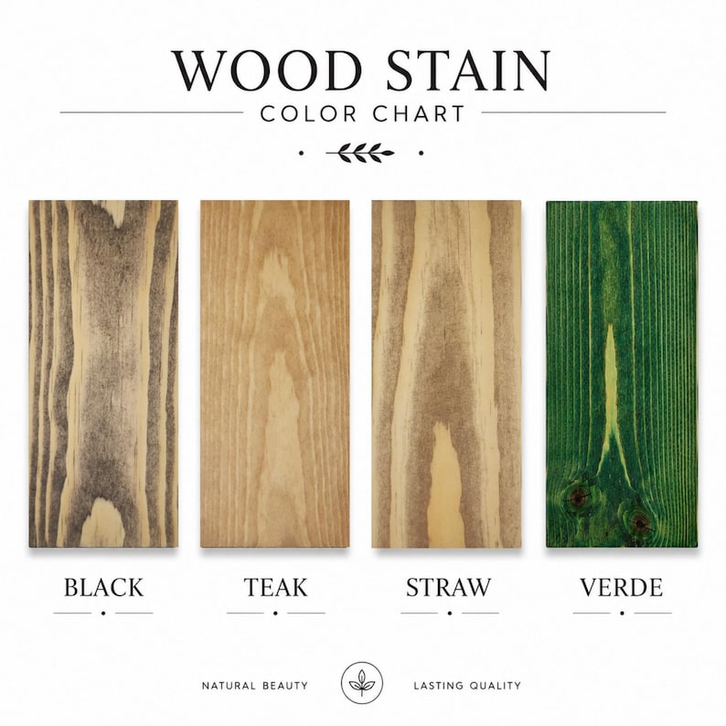 May include: A wood stain color chart featuring four rectangular wood samples labeled Black, Teak, Straw, and Verde. The samples display distinct wood grain patterns and color variations, ranging from dark charcoal to light tan and vibrant green.