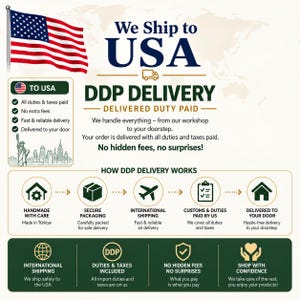 May include: An informational graphic detailing DDP delivery to the USA. It features the American flag, the text We Ship to USA, DDP DELIVERY, and a step-by-step process diagram showing handmade production, secure packaging, shipping, and customs.