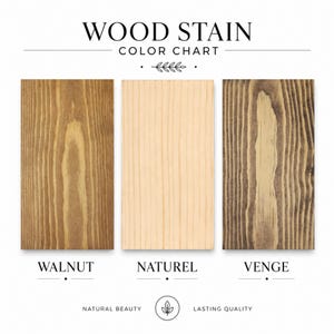 May include: A wood stain color chart featuring three rectangular wood samples labeled Walnut, Naturel, and Venge. The text reads WOOD STAIN COLOR CHART, NATURAL BEAUTY, and LASTING QUALITY, with a central icon of a leaf inside a circle.
