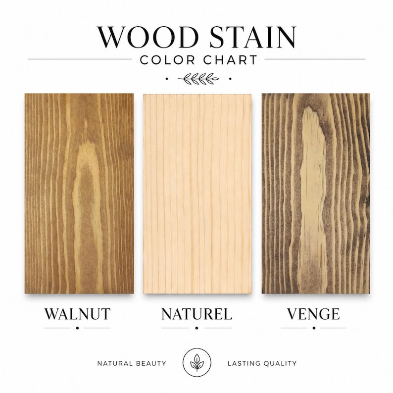 May include: A wood stain color chart featuring three rectangular wood samples labeled Walnut, Naturel, and Venge. The text reads WOOD STAIN COLOR CHART, NATURAL BEAUTY, and LASTING QUALITY, with a central icon of a leaf inside a circle.