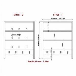 May include: A technical line drawing of two shelving unit styles labeled Style-1 and Style-2. The units feature four tiers and hooks, with dimensions of 17.71 inches wide, 20.86 inches high, and 3.26 inches deep, including various internal measurements.