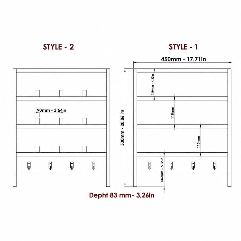 May include: A technical line drawing of two shelving unit styles labeled Style-1 and Style-2. The units feature four tiers and hooks, with dimensions of 17.71 inches wide, 20.86 inches high, and 3.26 inches deep, including various internal measurements.
