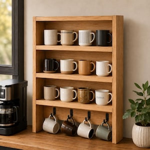 May include: A light brown wooden wall-mounted shelf featuring four horizontal tiers. The top three shelves hold twelve assorted ceramic mugs in various colors and patterns. The bottom tier includes four black metal hooks holding four hanging mugs.