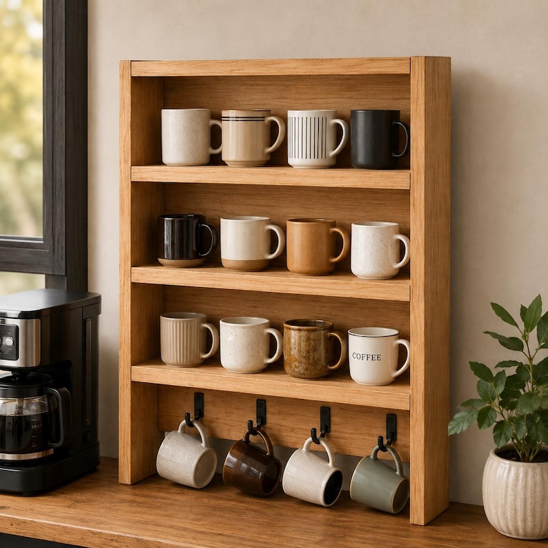 May include: A light brown wooden wall-mounted shelf featuring four horizontal tiers. The top three shelves hold twelve assorted ceramic mugs in various colors and patterns. The bottom tier includes four black metal hooks holding four hanging mugs.