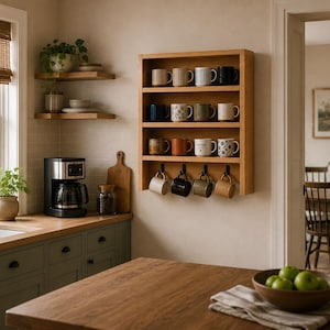 May include: A wall-mounted light wood mug rack featuring four horizontal shelves holding sixteen assorted ceramic mugs, with four additional mugs hanging from black metal hooks attached to the bottom shelf of the unit.