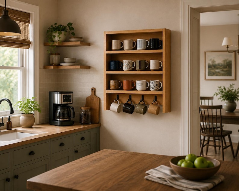 May include: A wall-mounted light wood mug rack featuring four horizontal shelves holding sixteen assorted ceramic mugs, with four additional mugs hanging from black metal hooks attached to the bottom shelf of the unit.