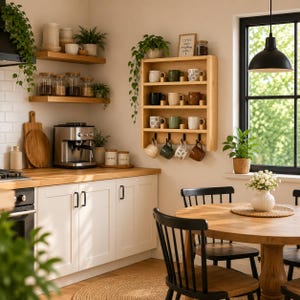 May include: A wooden wall-mounted mug rack with four shelves holding various ceramic mugs and four black hooks underneath for hanging additional mugs. The rack is positioned on a wall above a kitchen counter with cabinets and appliances.
