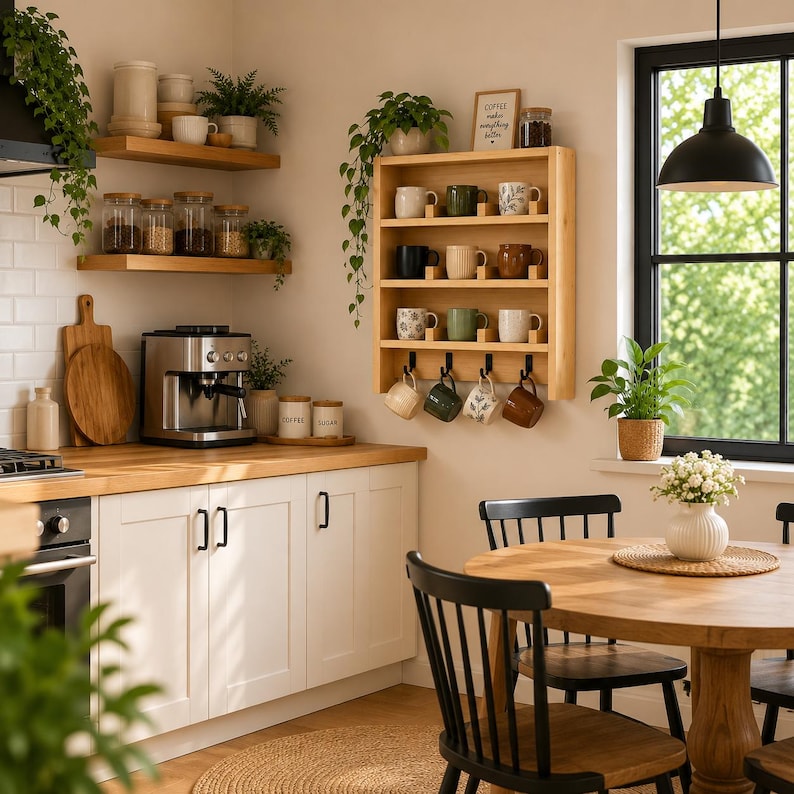 May include: A wooden wall-mounted mug rack with four shelves holding various ceramic mugs and four black hooks underneath for hanging additional mugs. The rack is positioned on a wall above a kitchen counter with cabinets and appliances.