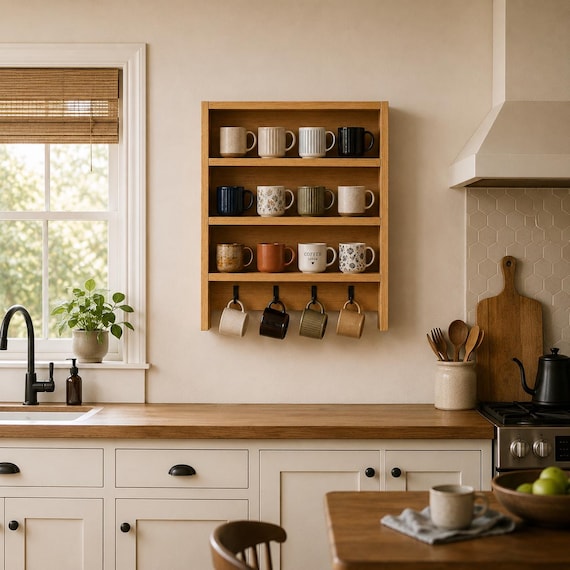 Handmade Wooden Mug Rack, Wall-Mounted Coffee Station Organizer, Rustic Kitchen Shelf