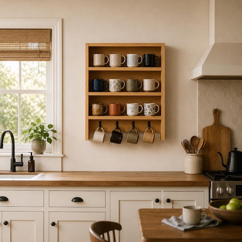 May include: A light wood wall-mounted shelf with three horizontal tiers holding twelve assorted ceramic mugs, plus four black metal hooks underneath each supporting a hanging mug. The shelf is positioned on a plain wall above a kitchen counter.