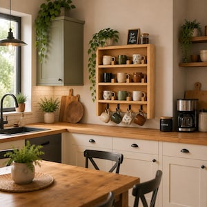 May include: A light-toned wooden wall-mounted mug rack featuring four horizontal shelves holding various ceramic mugs and a bottom row with four black metal hooks displaying additional hanging mugs in a kitchen setting.