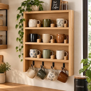 May include: A light wood wall-mounted mug rack featuring four shelves holding twelve assorted ceramic mugs and four black metal hooks at the bottom displaying four additional hanging mugs. The top shelf includes a small sign reading But first Coffee.