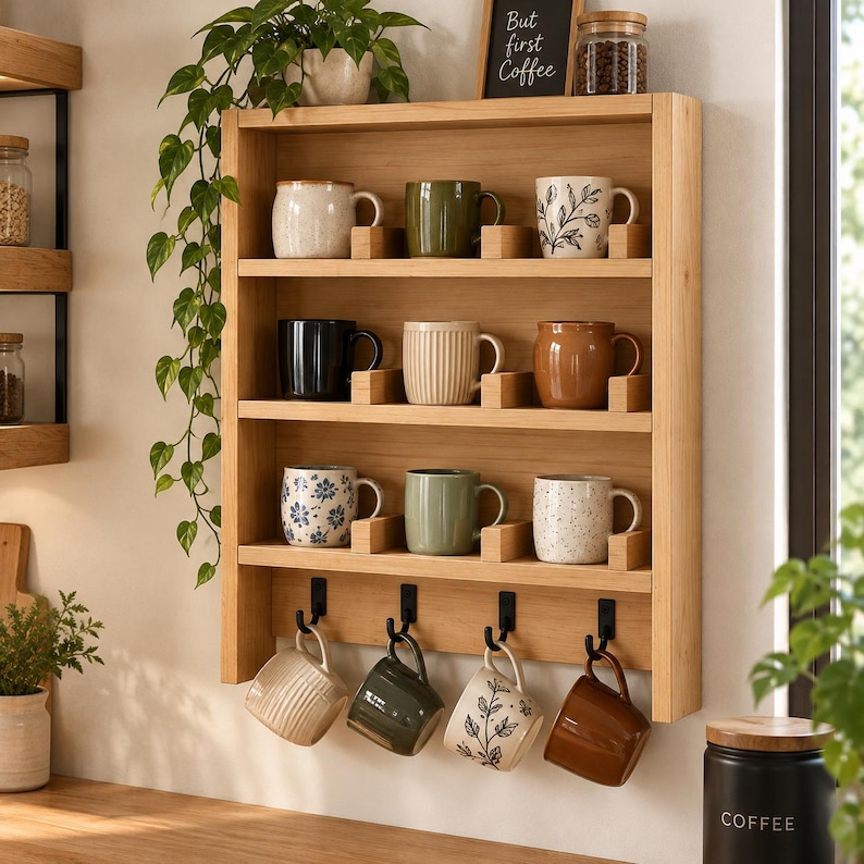 May include: A light wood wall-mounted mug rack featuring four shelves holding twelve assorted ceramic mugs and four black metal hooks at the bottom displaying four additional hanging mugs. The top shelf includes a small sign reading But first Coffee.