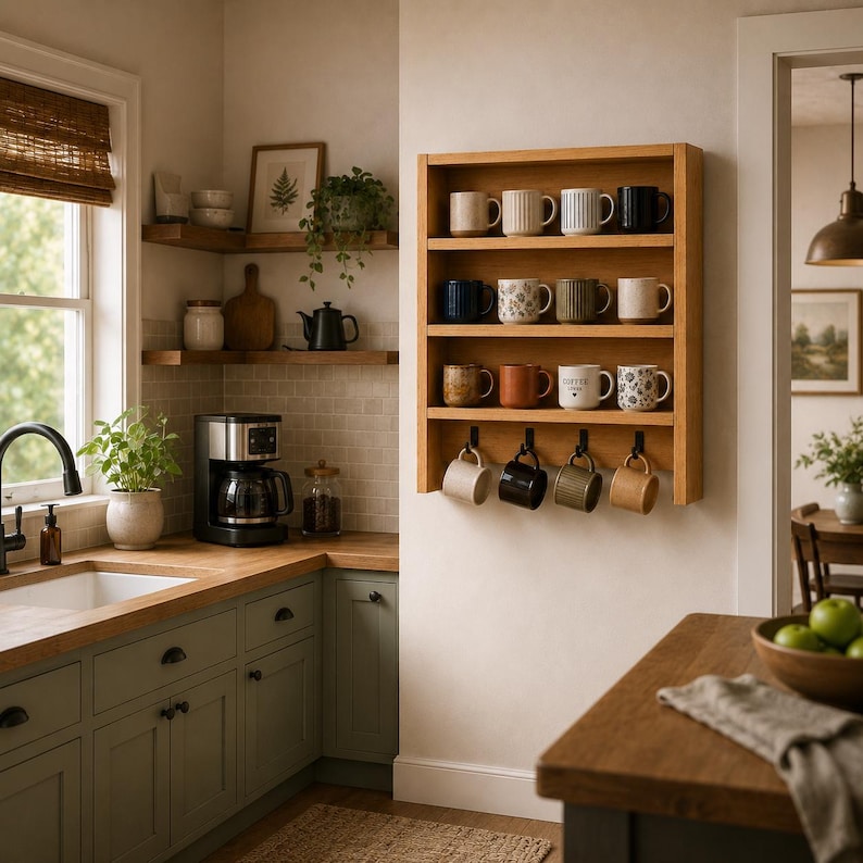 May include: A wall-mounted wooden mug rack with four horizontal shelves holding twelve ceramic mugs and four black metal hooks underneath displaying four additional hanging mugs. The rack is positioned on a light-colored wall in a kitchen.