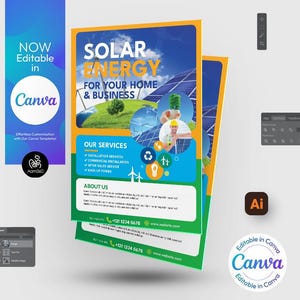 Canvas bewerkbare sjabloon folder zonne-energie | Flyer voor groen | Ecologische flyer | Photoshop en illustrator | Digitaal bestand | ,Canva, PSD, AI