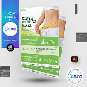 May include: A green and white flyer with a woman measuring her waist with a yellow tape measure. The flyer advertises an exclusive weight loss package with three different options: Evergreen Package, Radical Change Package, and Total Slim Package. The flyer includes contact information and a website address.