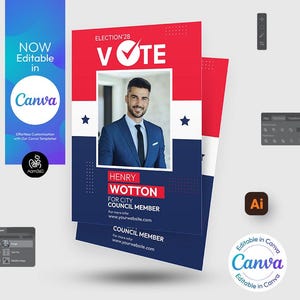 Può includere: Un volantino di campagna politica blu e rosso con la foto di un uomo in giacca e cravatta. Il volantino dice "Elezione 28" e "Vota" in grandi caratteri. Il nome dell'uomo è Henry Wotton e si candida a consigliere comunale. Il volantino include il suo indirizzo web.