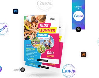 Kids Summer Camp Flyer Vorlage: Bearbeitbare Canva, PSD, AI (Digitale Datei)
