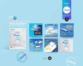 Plantilla de publicación de Instagram para reservar boletos de avión: Canva editable (archivo digital)