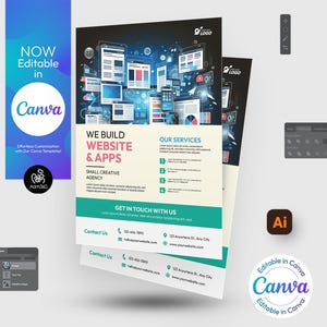 May include: A flyer advertising website and app development services. The flyer features a colourful design with a graphic of computer screens and icons. The text on the flyer reads "We Build Website & Apps", "Small Creative Agency", "Our Services", and "Get in Touch With Us".
