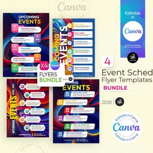 Pode incluir: Um pacote de quatro modelos de folhetos de programação de eventos. Cada folheto apresenta um design colorido com detalhes do evento, datas e o texto "Upcoming Events". Os folhetos são editáveis no Canva.
