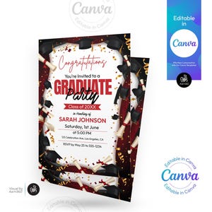 May include: A stack of graduation party invitations with a burgundy and white design. The invitations feature graduation caps, diplomas, and the text "Congratulations, You're Invited to a Graduate Party". The event details include the graduate's name, date, and time.