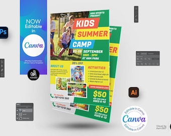 Bearbeitbare Kinder Sommer Camp Flyer Vorlage: Canva, PSD, AI (Digitale Datei)