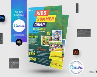 Bearbeitbare Kinder Sommer Camp Flyer Vorlage: Canva, PSD, AI (Digitale Datei)