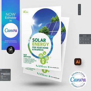 Modello di volantino modificabile per l'energia solare Canva / Volantino ecologico / Volantino ecologico / Photoshop e Illustrator / File digitale / ,Canva, PSD, AI
