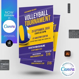 Bearbeitbare Flyer Vorlage für ein Beachvolleyball (Canva, PSD, AI, Doc)