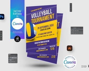 Editable Volleyball Tournament Flyer Template (Canva, PSD, AI, Doc)
