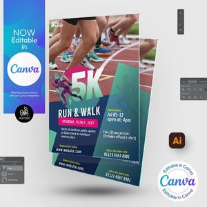 Könnte beinhalten: Ein farbenfroher Flyer für einen 5-km-Lauf und -Spaziergang. Der Flyer zeigt ein blaues, grünes und rosafarbenes Farbschema mit einer Grafik von Läufern. Die Veranstaltung findet am Samstag, den 15. Juli 2027, statt und beginnt am Madison Public Square. Die Anmeldegebühr beträgt 125 € pro Person und beinhaltet ein offizielles T-Shirt. Der Flyer enthält die Website-Adresse und die Telefonnummer für weitere Informationen.
