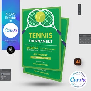Canva Editable Tennis Tournament Flyer Template | Sports | Tennis championship | Photoshop & Illustrator | Digital File | Canva, PSD, AI