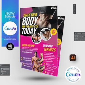 Puede incluir: Un folleto rosa y negro que anuncia un gimnasio con el texto "Shape Your Body Join The Best Gym Today" y "35% Off". El folleto enumera los servicios de entrenamiento, que incluyen entrenamiento cardiovascular, entrenamiento en circuito, entrenamiento de resistencia, entrenamiento personal, nutrición y control de peso.