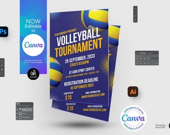 Plantilla editable de volante de torneo de voleibol de Canva (archivo digital)