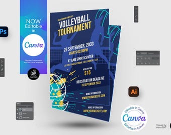 Plantilla de volante para torneo de voleibol: editable en Canva, PSD, AI (archivo digital)
