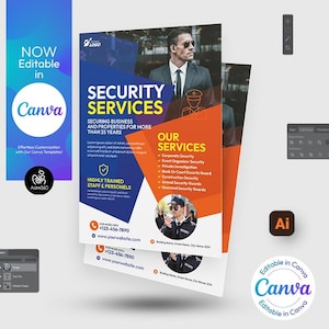 Security Service Flyer Template: Canva, AI, PSD, DOC (Digital File)