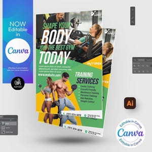 Könnte beinhalten: Ein grüner und gelber Fitnessstudio-Flyer mit dem Text "Shape Your Body Join The Best Gym Today" und einem Foto von trainierenden Personen. Der Flyer enthält auch den Text "24/7 Open" und "Training Services".