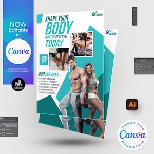 Puede incluir: Un folleto azul y verde con un borde blanco que anuncia un gimnasio. El folleto presenta una foto de dos personas haciendo ejercicio con pesas. El texto en el folleto dice "Shape Your Body", "Join the Best Gym Today", "20% Off", y "Our Services".