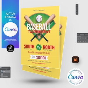 Canva Editable Baseball Tournament Flyer Template |  Sports Flyer | Photoshop & Illustrator | Digital File | Canva, PSD, AI, EPS and Doc