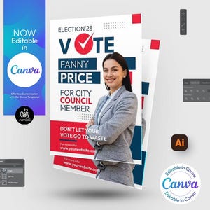 Modelo de panfleto de candidato eleitoral editável Canva | Político | campanha de votação | Photoshop e Illustrator | Arquivo digital | Canva, PSD, AI