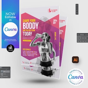 Puede incluir: Un folleto rosa y morado que anuncia un club de fitness con el texto "Shape Your Body" y "Join the Best Gym Today". El folleto también incluye una foto de una mujer levantando pesas y el texto "20% Off" y "24/7 Open".