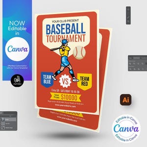 Canva Editable Baseball Tournament Flyer Template |  Sports Flyer | Photoshop & Illustrator | Digital File | Canva, PSD, AI, EPS and Doc