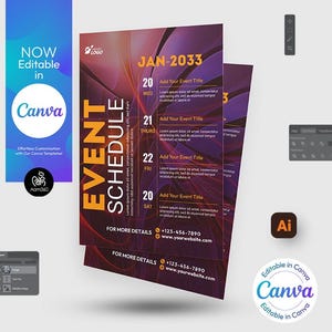 Puede incluir: Un folleto morado y naranja con un diseño abstracto en blanco y negro. El folleto es para un programa de eventos en enero de 2033. El texto "EVENT SCHEDULE" está en letras grandes de color amarillo. El folleto incluye espacio para agregar títulos y horarios de eventos.