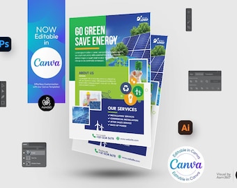 Solar Energy Flyer Template: Go Green Design (Canva, PSD, AI) (Digital File)
