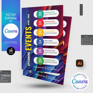 Puede incluir: Un folleto colorido con un diseño moderno, que anuncia eventos próximos en abril. El folleto presenta una serie de círculos coloridos con fechas y nombres de eventos, como "Fireworks Show" y "Meet & Greet". El texto "UPCOMING EVENTS" se muestra en una fuente grande en la parte superior del folleto.