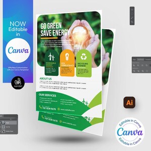 Canvas bewerkbare sjabloon folder zonne-energie | Flyer voor groen | Ecologische flyer | Photoshop en illustrator | Digitaal bestand | ,Canva, PSD, AI