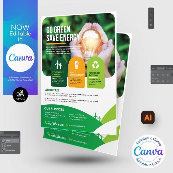 Solar Energy Flyer Template: Go Green Design (Canva, PSD, AI) (Digital File)